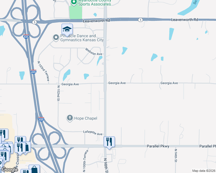 map of restaurants, bars, coffee shops, grocery stores, and more near 9827 Georgia Avenue in Kansas City
