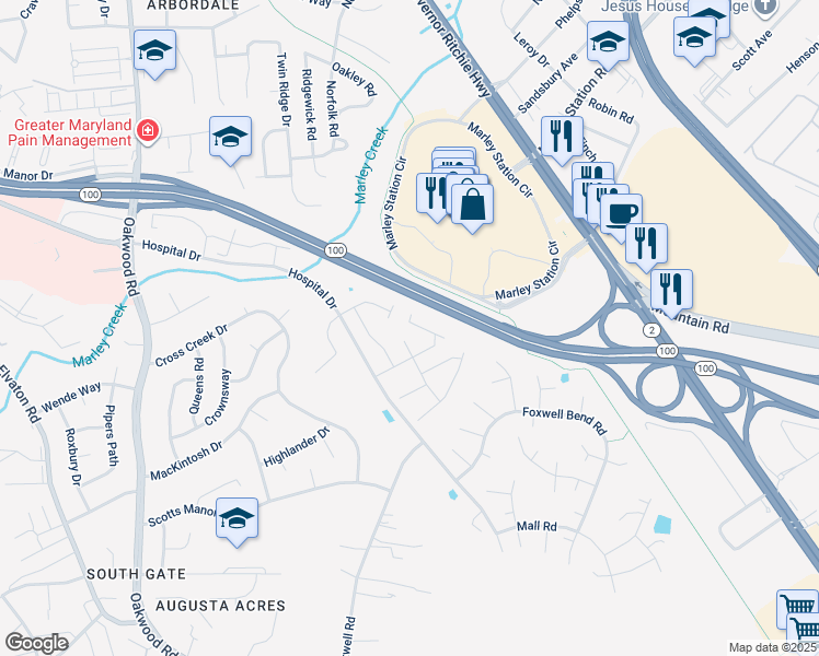 map of restaurants, bars, coffee shops, grocery stores, and more near 123 Foxview Drive in Glen Burnie