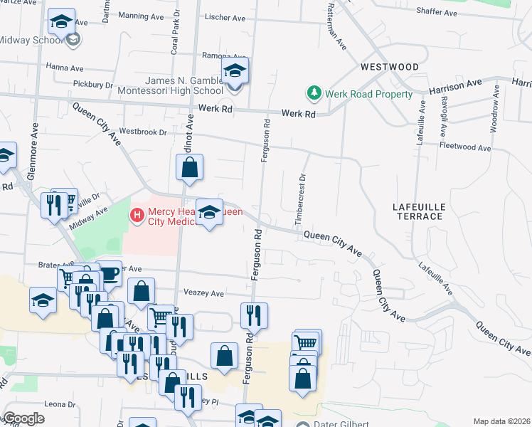 map of restaurants, bars, coffee shops, grocery stores, and more near 2936 Queen City Avenue in Cincinnati