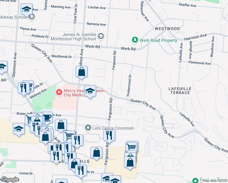 map of restaurants, bars, coffee shops, grocery stores, and more near 2938 Queen City Avenue in Cincinnati