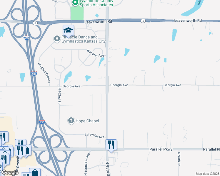 map of restaurants, bars, coffee shops, grocery stores, and more near 9827 Georgia Avenue in Kansas City