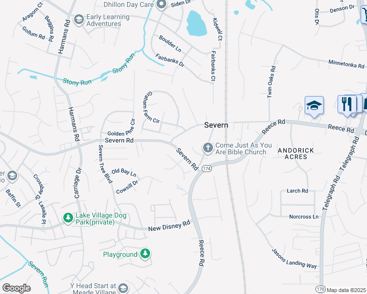 map of restaurants, bars, coffee shops, grocery stores, and more near 1212 Scattered Pines Court in Severn