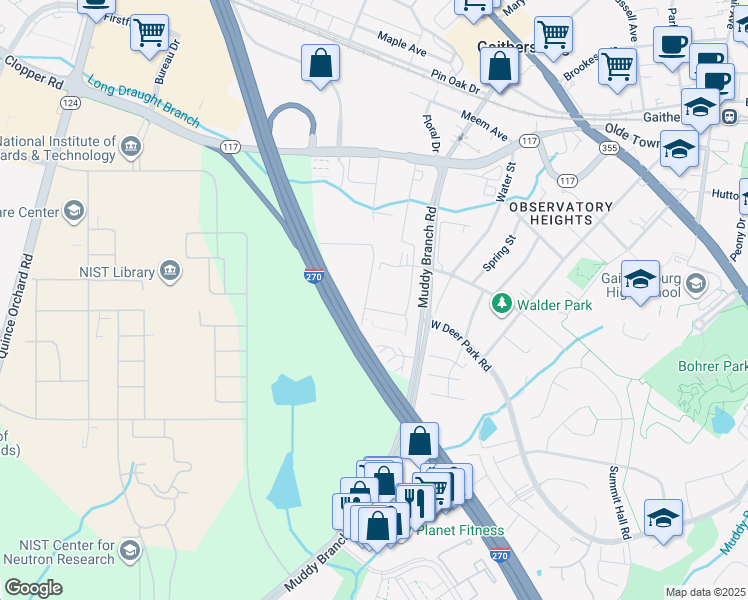 map of restaurants, bars, coffee shops, grocery stores, and more near 17041 Downing Street in Gaithersburg