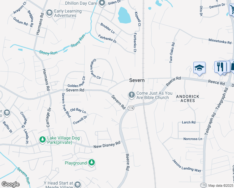 map of restaurants, bars, coffee shops, grocery stores, and more near 1212 Scattered Pines Court in Severn