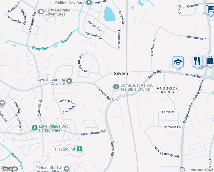 map of restaurants, bars, coffee shops, grocery stores, and more near 1213 Scattered Pines Court in Severn