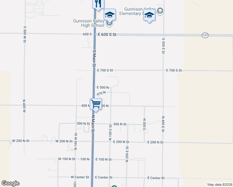 map of restaurants, bars, coffee shops, grocery stores, and more near 130 East 470 North in Centerfield