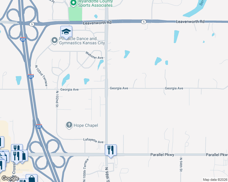 map of restaurants, bars, coffee shops, grocery stores, and more near 9827 Georgia Avenue in Kansas City