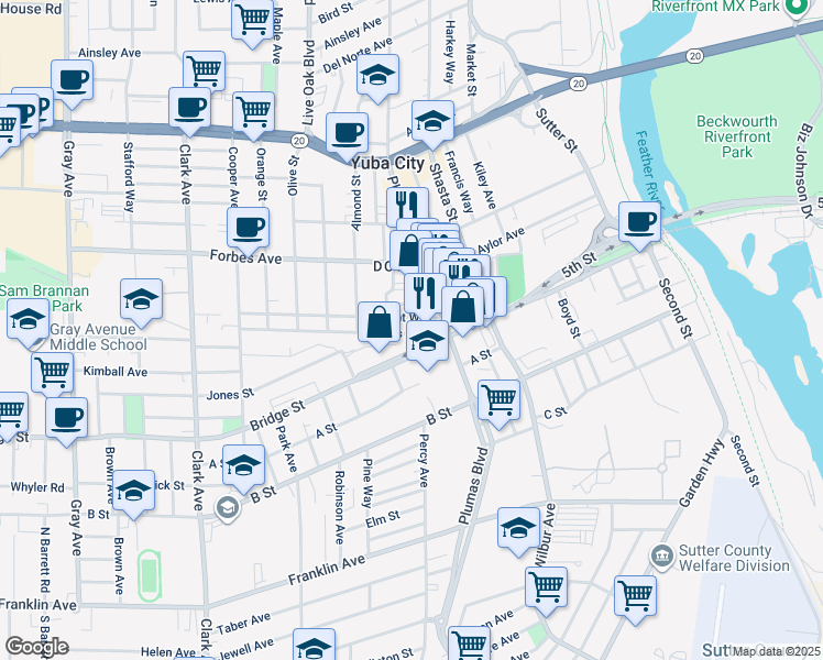map of restaurants, bars, coffee shops, grocery stores, and more near 545 Bridge Street in Yuba City