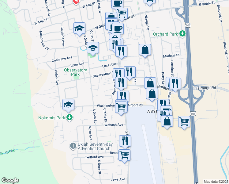 map of restaurants, bars, coffee shops, grocery stores, and more near 10 Creekside Court in Ukiah