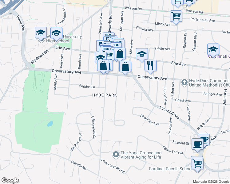 map of restaurants, bars, coffee shops, grocery stores, and more near 1297 Michigan Avenue in Cincinnati