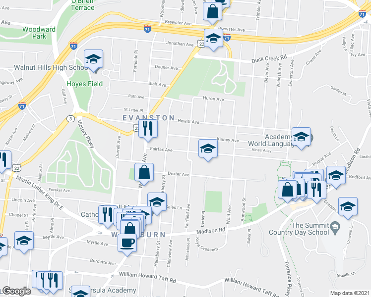 map of restaurants, bars, coffee shops, grocery stores, and more near 3141 Fairfield Avenue in Cincinnati