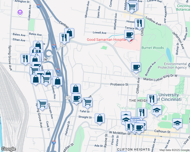 map of restaurants, bars, coffee shops, grocery stores, and more near 632 Probasco Street in Cincinnati