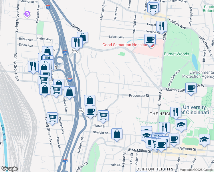 map of restaurants, bars, coffee shops, grocery stores, and more near 632 Probasco Street in Cincinnati