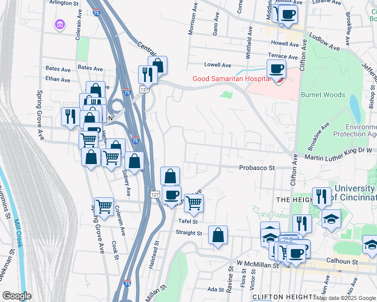 map of restaurants, bars, coffee shops, grocery stores, and more near 2959 Deckebach Avenue in Cincinnati