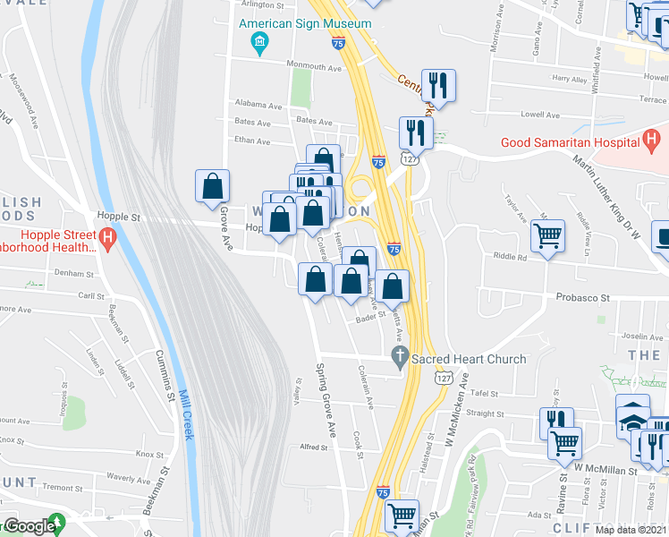 map of restaurants, bars, coffee shops, grocery stores, and more near 2909 Colerain Avenue in Cincinnati