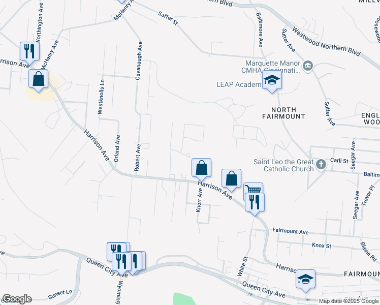 map of restaurants, bars, coffee shops, grocery stores, and more near 2117 Saint Leo Place in Cincinnati