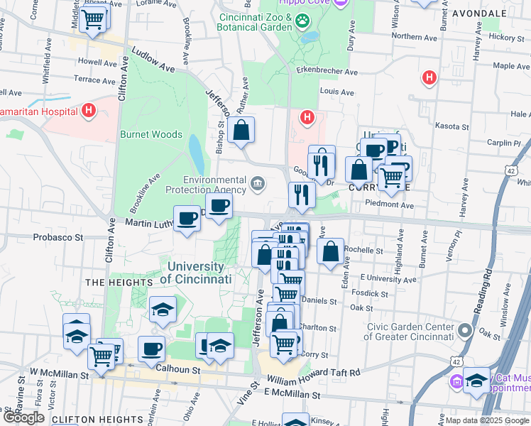 map of restaurants, bars, coffee shops, grocery stores, and more near 3115 Jefferson Avenue in Cincinnati