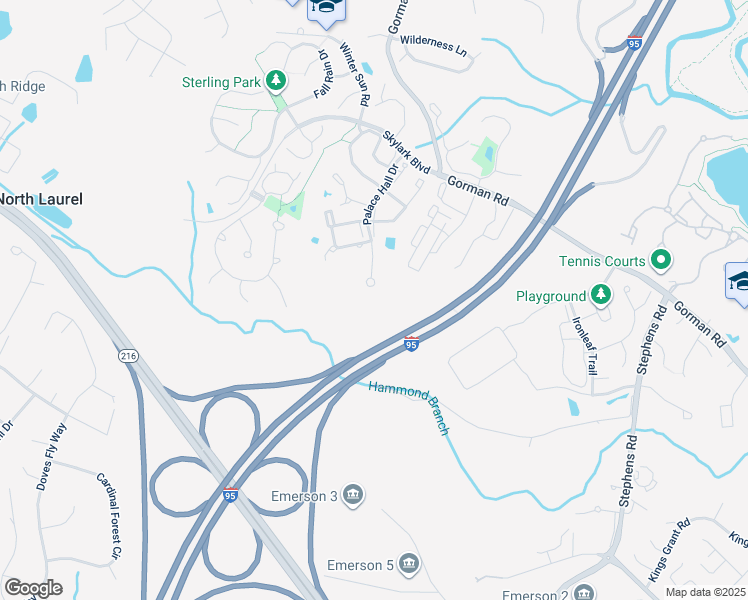 map of restaurants, bars, coffee shops, grocery stores, and more near 9895 Palace Hall Drive in Laurel