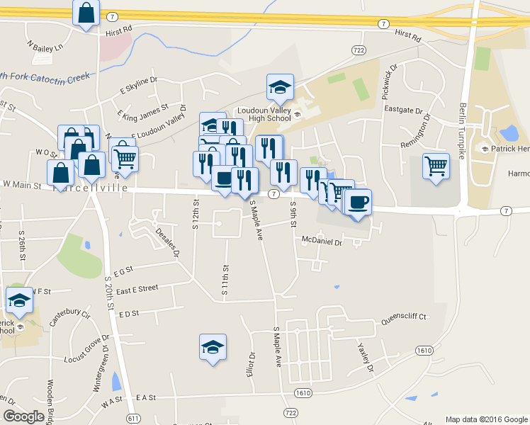 map of restaurants, bars, coffee shops, grocery stores, and more near 130 South Maple Avenue in Purcellville