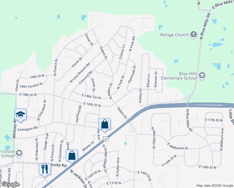map of restaurants, bars, coffee shops, grocery stores, and more near 1821 North York Street in Independence