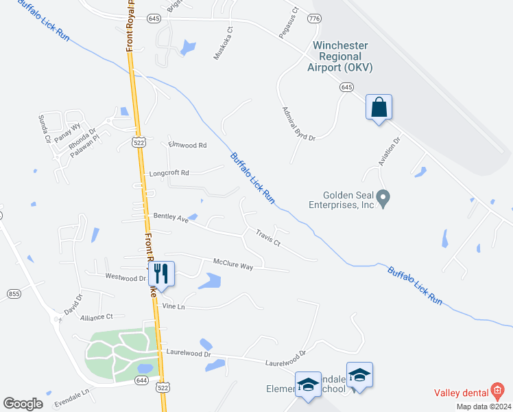 map of restaurants, bars, coffee shops, grocery stores, and more near 105 Trent Court in Winchester