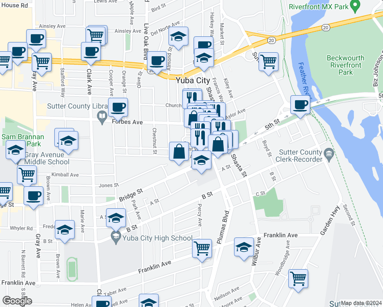 map of restaurants, bars, coffee shops, grocery stores, and more near 539 Reeves Avenue in Yuba City