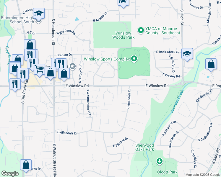 map of restaurants, bars, coffee shops, grocery stores, and more near 2995 South Acadia Court in Bloomington