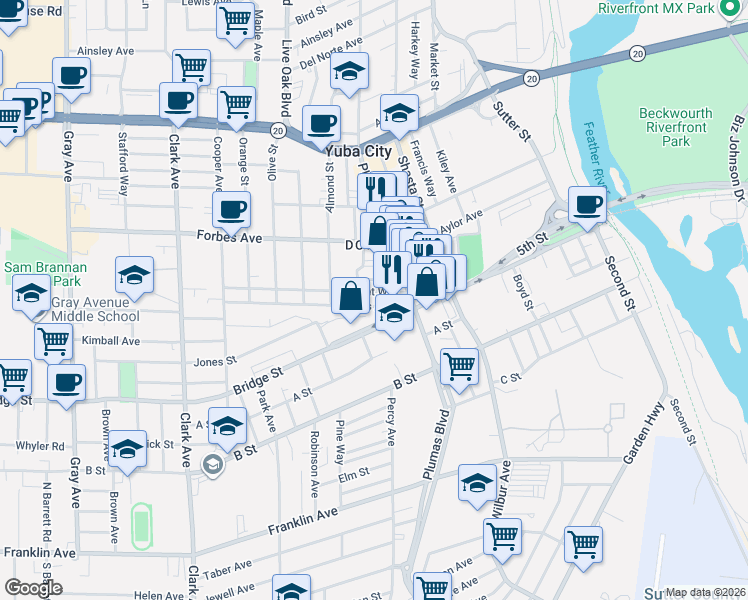 map of restaurants, bars, coffee shops, grocery stores, and more near 539 Reeves Avenue in Yuba City