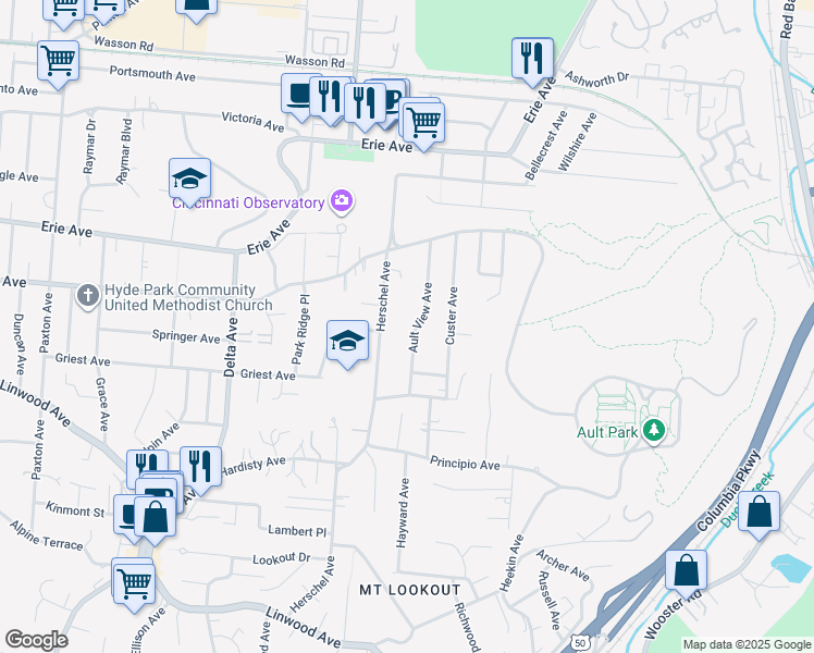 map of restaurants, bars, coffee shops, grocery stores, and more near 3379 Ault View Avenue in Cincinnati