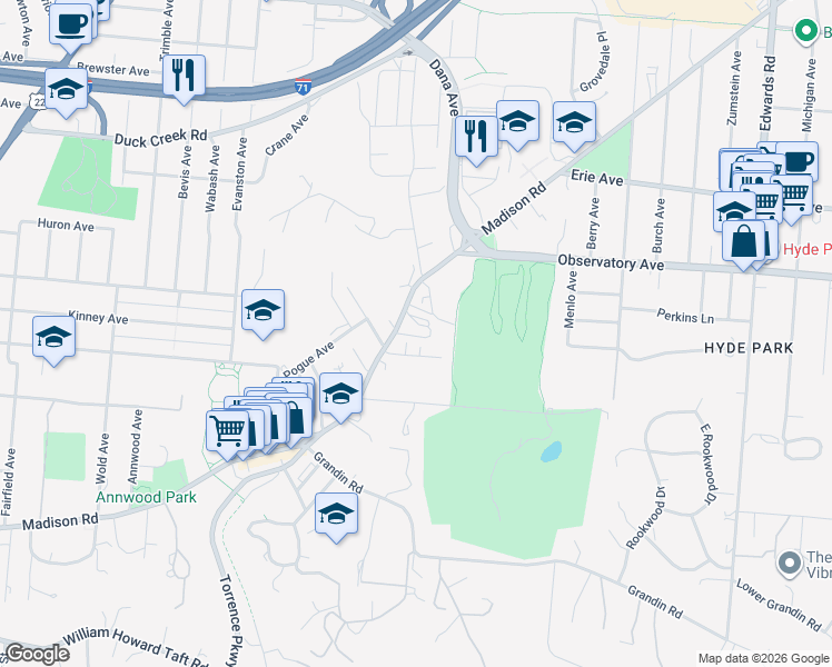 map of restaurants, bars, coffee shops, grocery stores, and more near 2346 Easthill Avenue in Cincinnati