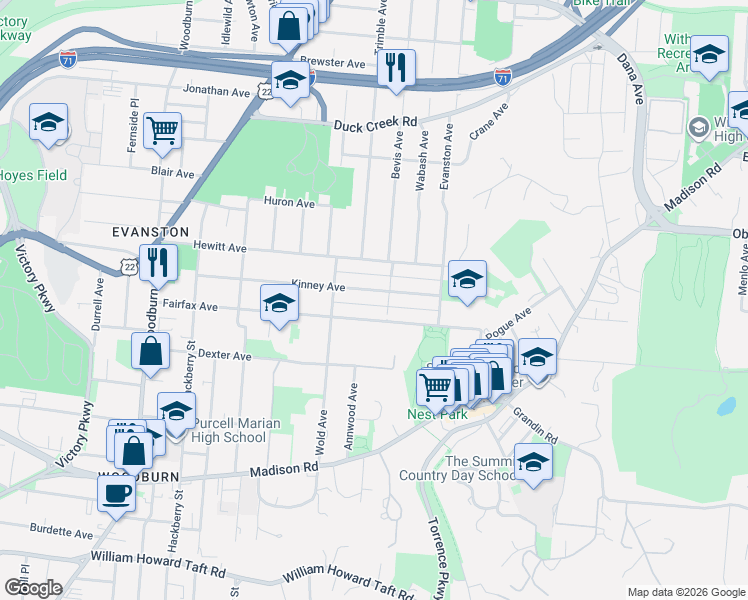 map of restaurants, bars, coffee shops, grocery stores, and more near 1939 Fairfax Avenue in Cincinnati