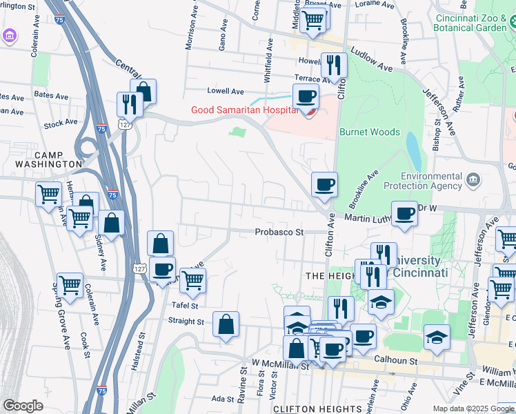 map of restaurants, bars, coffee shops, grocery stores, and more near 501 Sandheger Place in Cincinnati