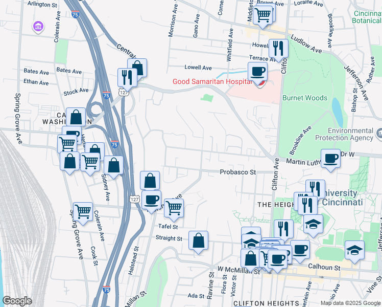 map of restaurants, bars, coffee shops, grocery stores, and more near 2925 Marshall Avenue in Cincinnati