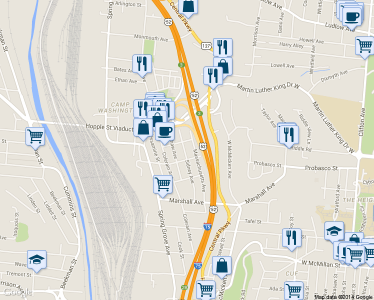 map of restaurants, bars, coffee shops, grocery stores, and more near 2900 Henshaw Avenue in Cincinnati