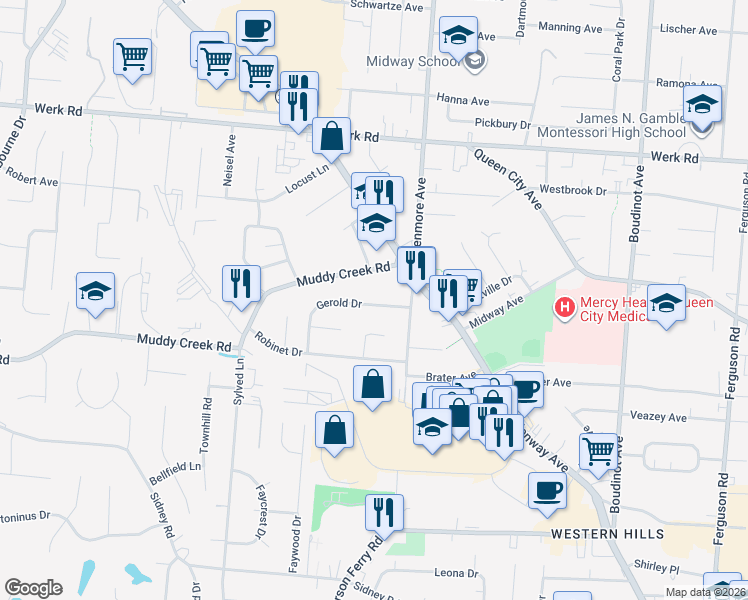 map of restaurants, bars, coffee shops, grocery stores, and more near 2655 Foran Drive in Cincinnati