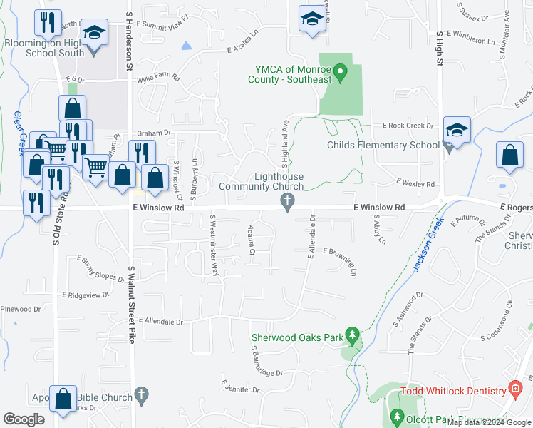 map of restaurants, bars, coffee shops, grocery stores, and more near 3105 South Acadia Court in Bloomington