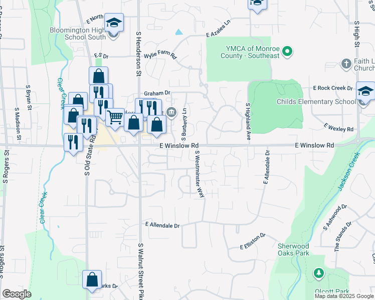 map of restaurants, bars, coffee shops, grocery stores, and more near 3146 South Carnaby Street in Bloomington