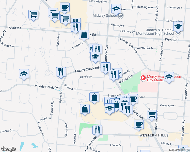map of restaurants, bars, coffee shops, grocery stores, and more near 2655 Foran Drive in Cincinnati
