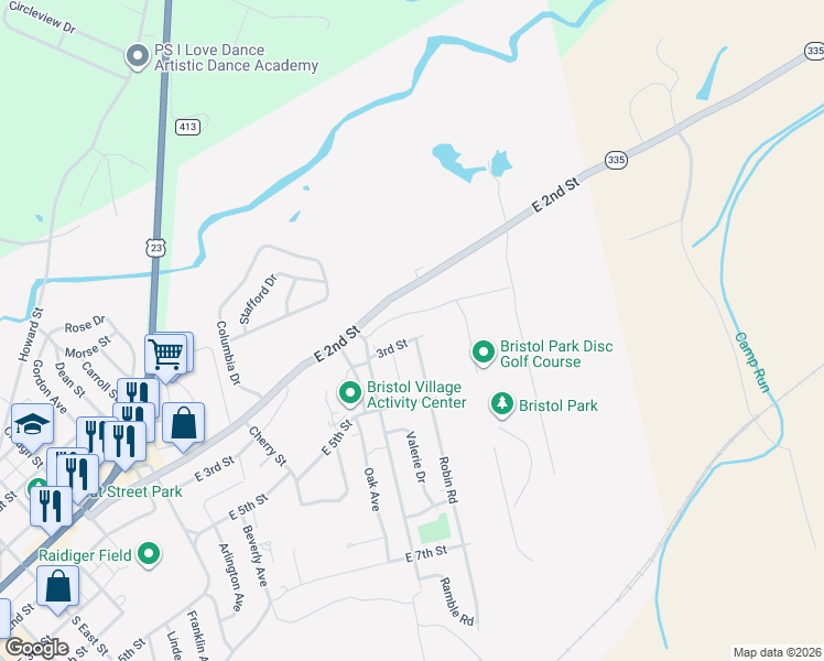 map of restaurants, bars, coffee shops, grocery stores, and more near 203 Robin Road in Waverly