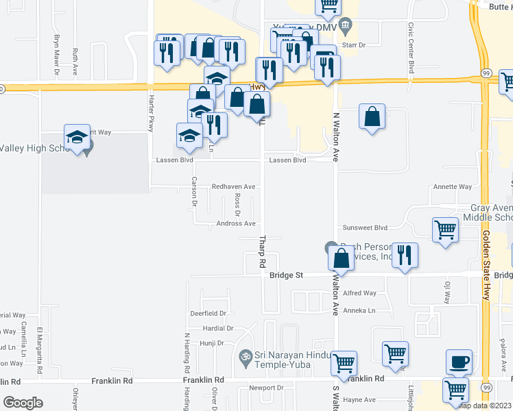 map of restaurants, bars, coffee shops, grocery stores, and more near 833 Klamt Court in Yuba City