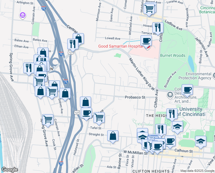 map of restaurants, bars, coffee shops, grocery stores, and more near 632 Probasco Street in Cincinnati