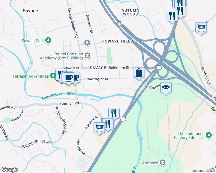 map of restaurants, bars, coffee shops, grocery stores, and more near 8890 Foxborough Drive in Savage