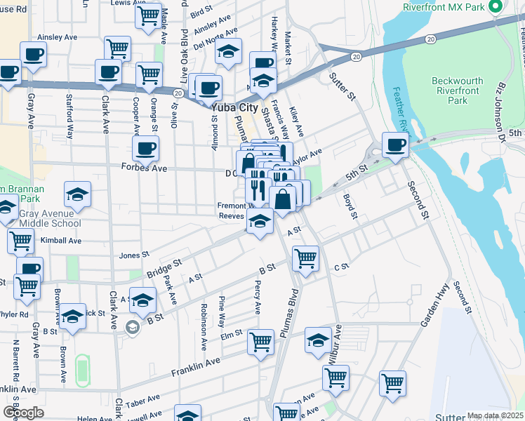 map of restaurants, bars, coffee shops, grocery stores, and more near 637 Plumas Street in Yuba City