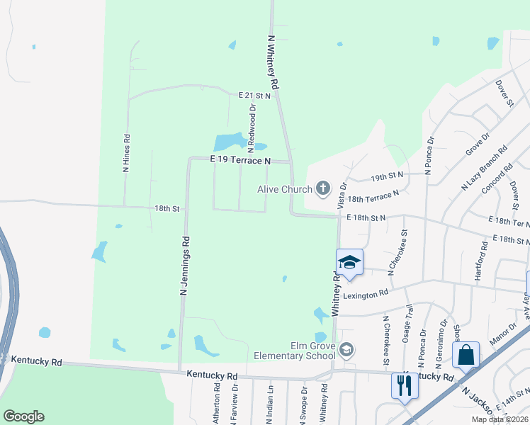 map of restaurants, bars, coffee shops, grocery stores, and more near 1112 Redwood Drive in Independence