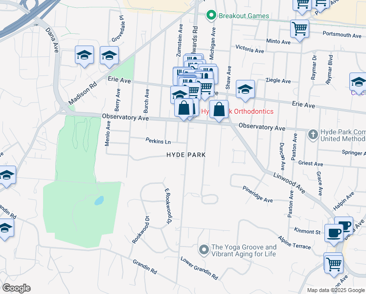 map of restaurants, bars, coffee shops, grocery stores, and more near 1329 Edwards Road in Cincinnati