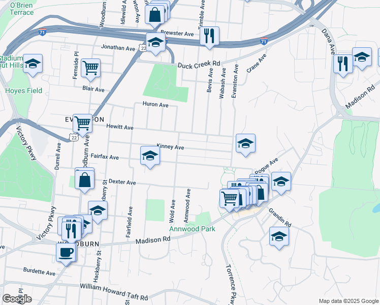 map of restaurants, bars, coffee shops, grocery stores, and more near 1936 Kinney Avenue in Cincinnati