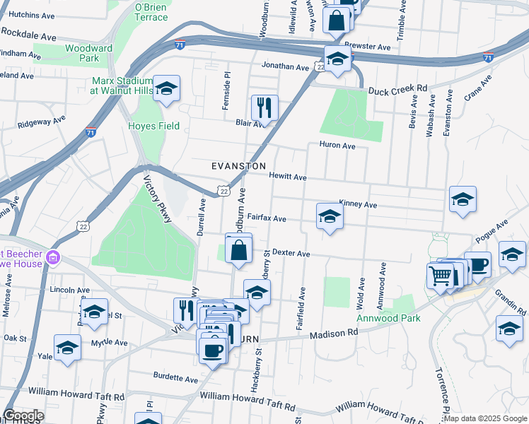 map of restaurants, bars, coffee shops, grocery stores, and more near 3227 Hackberry Street in Cincinnati