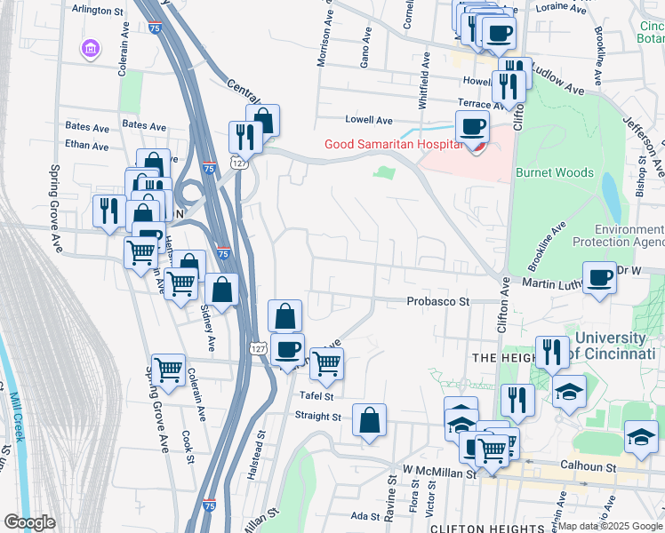 map of restaurants, bars, coffee shops, grocery stores, and more near 632 Riddle Road in Cincinnati