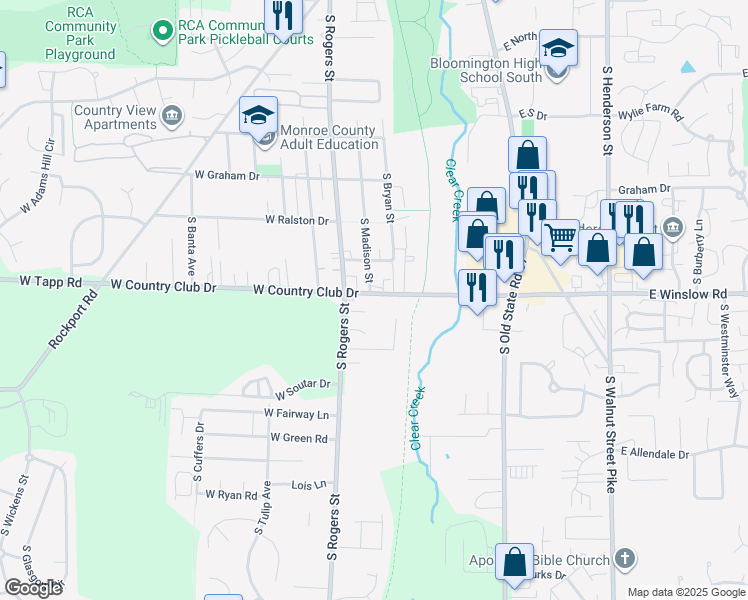 map of restaurants, bars, coffee shops, grocery stores, and more near 320 West Country Club Drive in Bloomington
