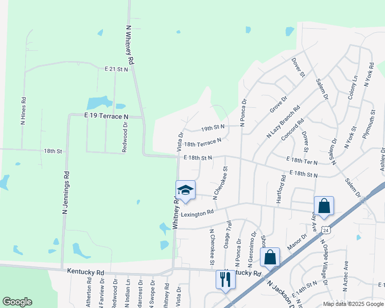 map of restaurants, bars, coffee shops, grocery stores, and more near 18002 18th Terrace North in Independence
